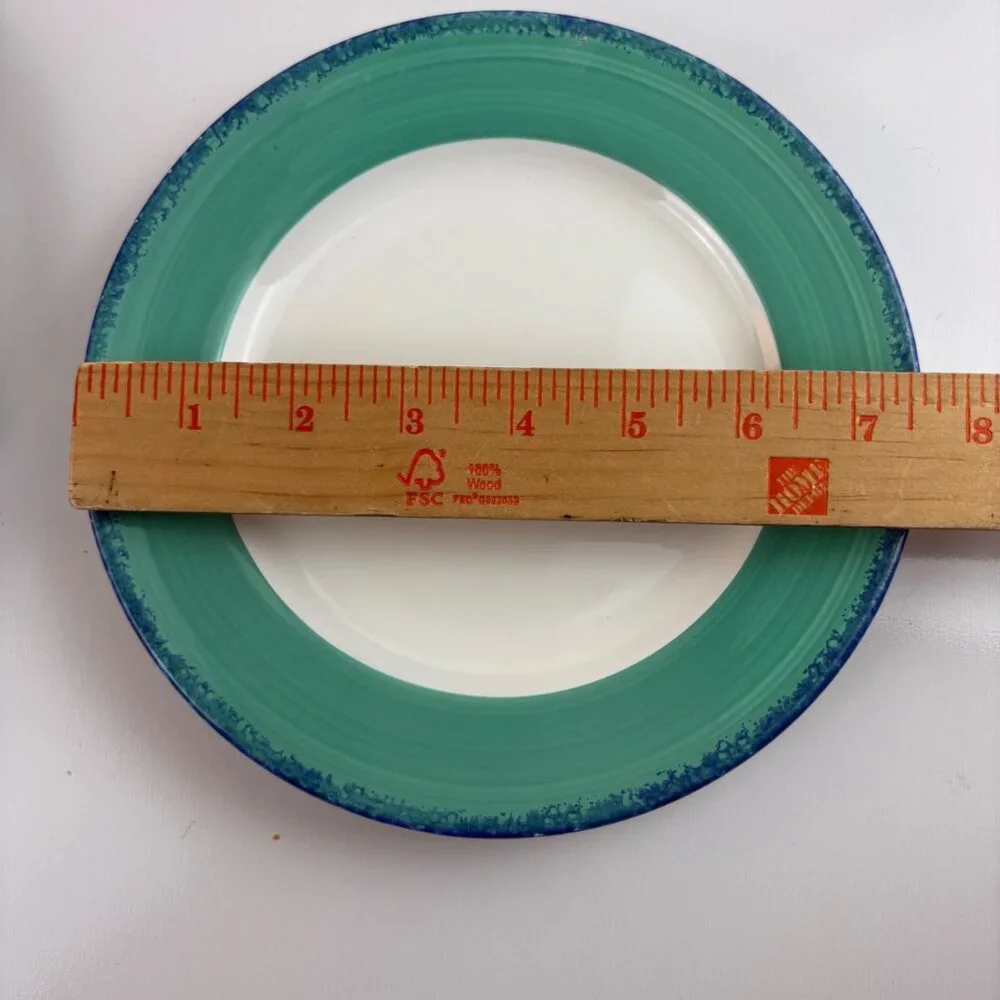 Set Of 4 Pier 1 Handpainted Salad‎ Plates Teal Blue Rim Italy 7.5 “